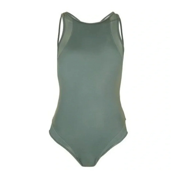 TopShop Olive Green One Piece Swimsuit High Neck Mesh Strapy Sexy Back Size 8 - Picture 1 of 8